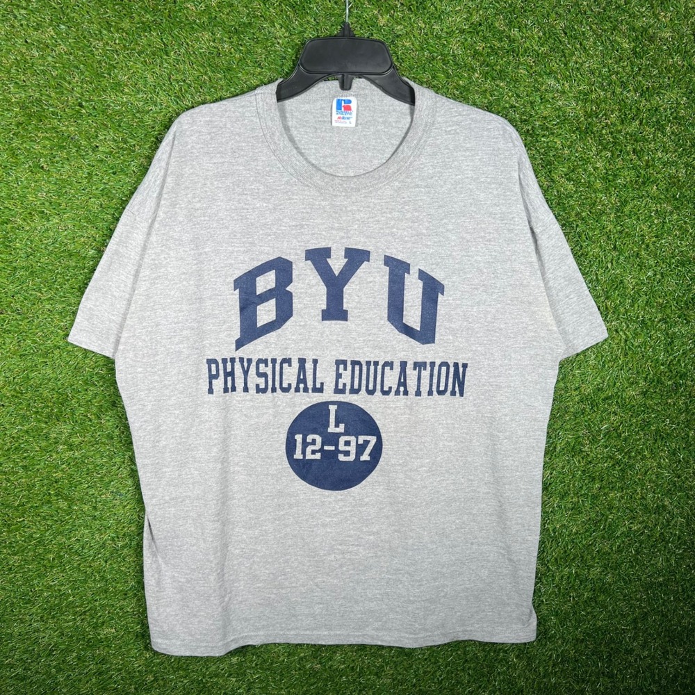 Vintage 90s Russell Athletic BYU Physical Education T-Shirt Gray Mens Large USA